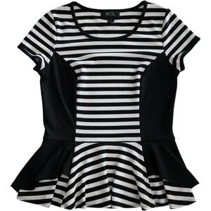 BCX Womens Small Black White Striped Peplum Top Short Sleeve Side Panels